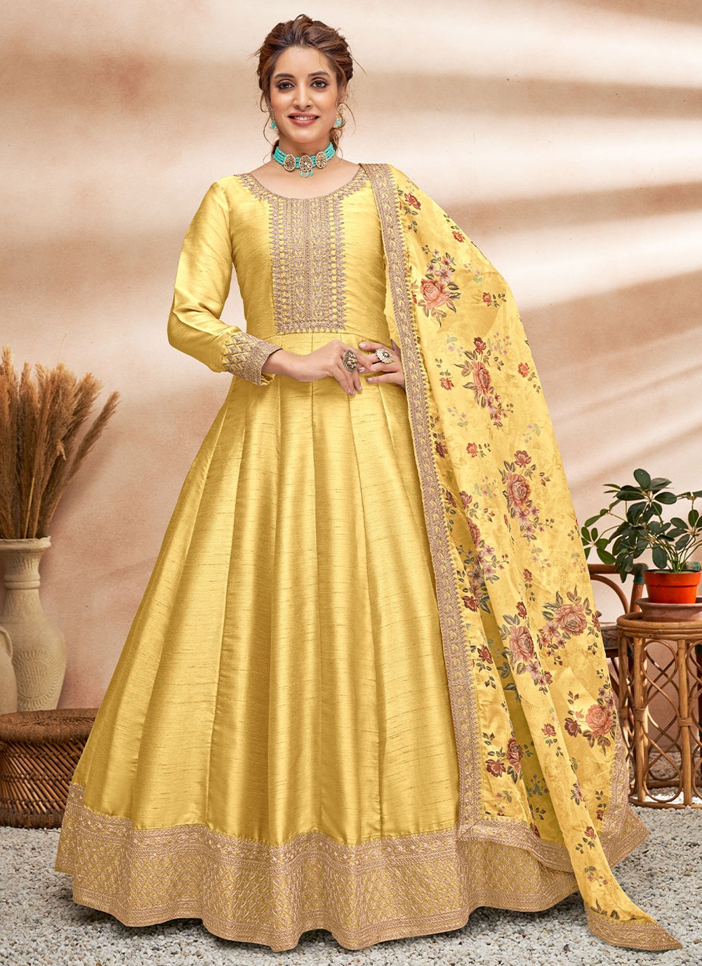 Yellow Ceremonial Art Silk Trendy Salwar Kameez