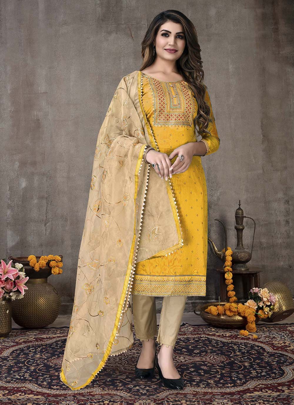 Yellow Chanderi Cotton Festival Salwar Suit