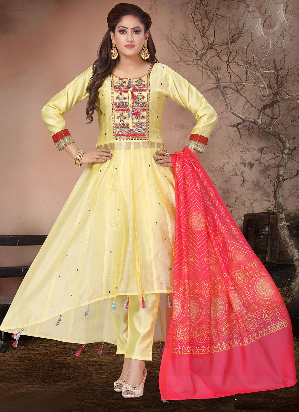 Yellow Chanderi Resham Readymade Suit