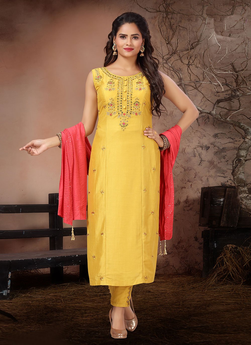 Art Silk Fabric Yellow Color Excellent Anarkali Suit With Contrast Dupatta