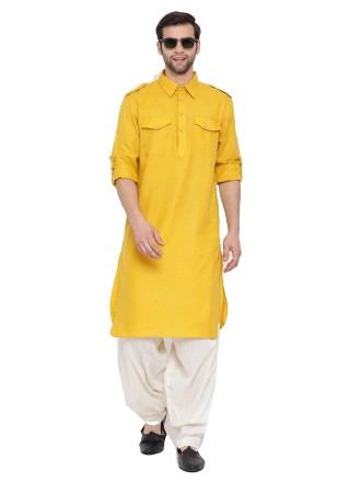 Yellow Cotton Plain Kurta Pyjama
