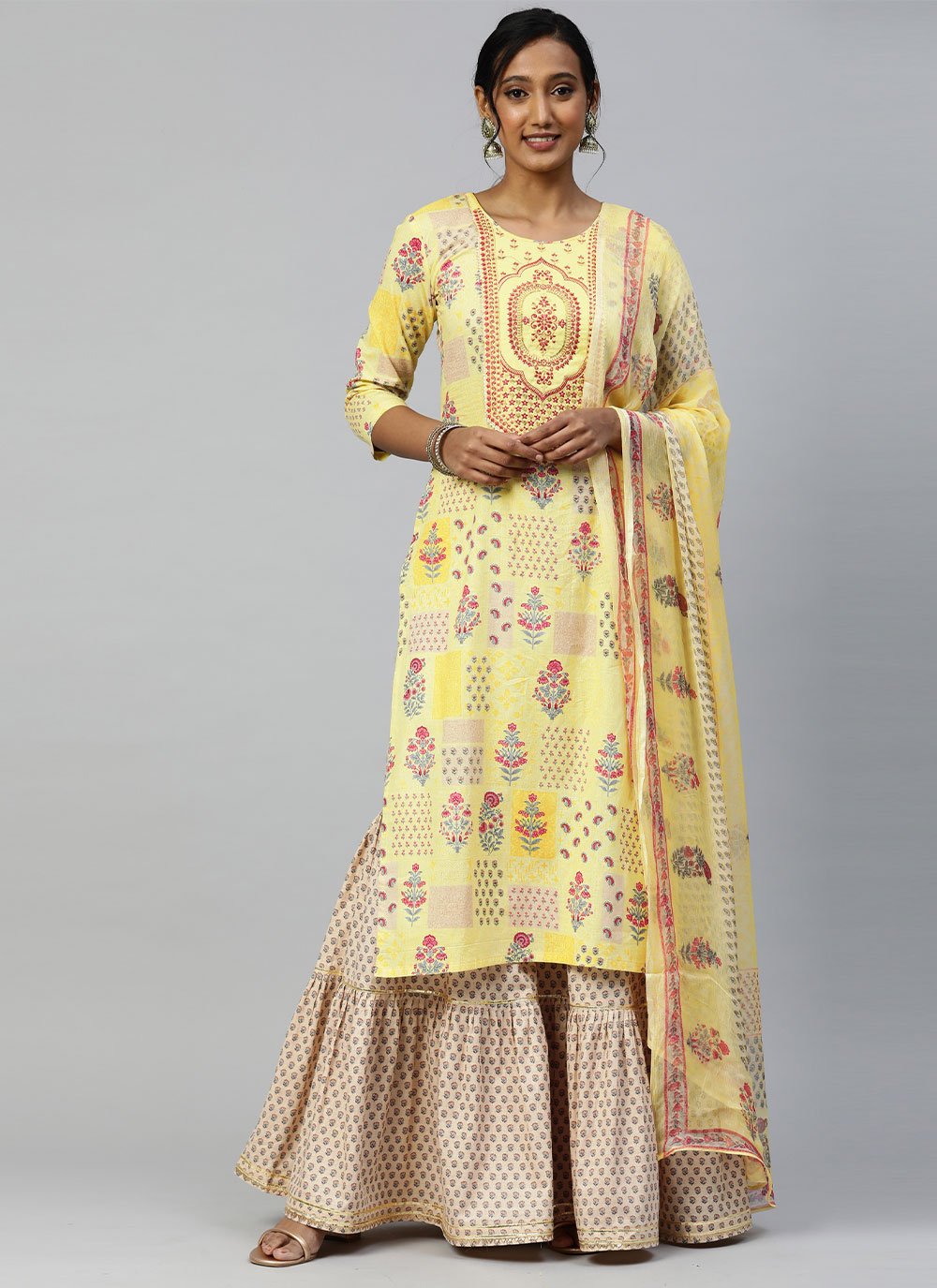 Yellow Cotton Printed Readymade Salwar Suit