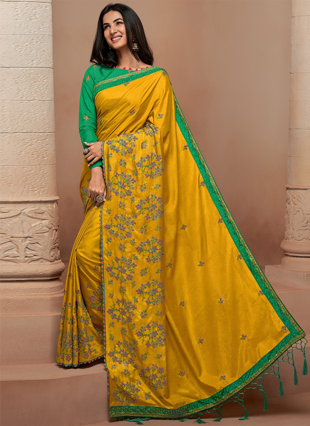 Bright Yellow Crepe Pre-Stitched Draped Saree Set Design by Paulmi & Harsh  at Pernia's Pop Up Shop 2024