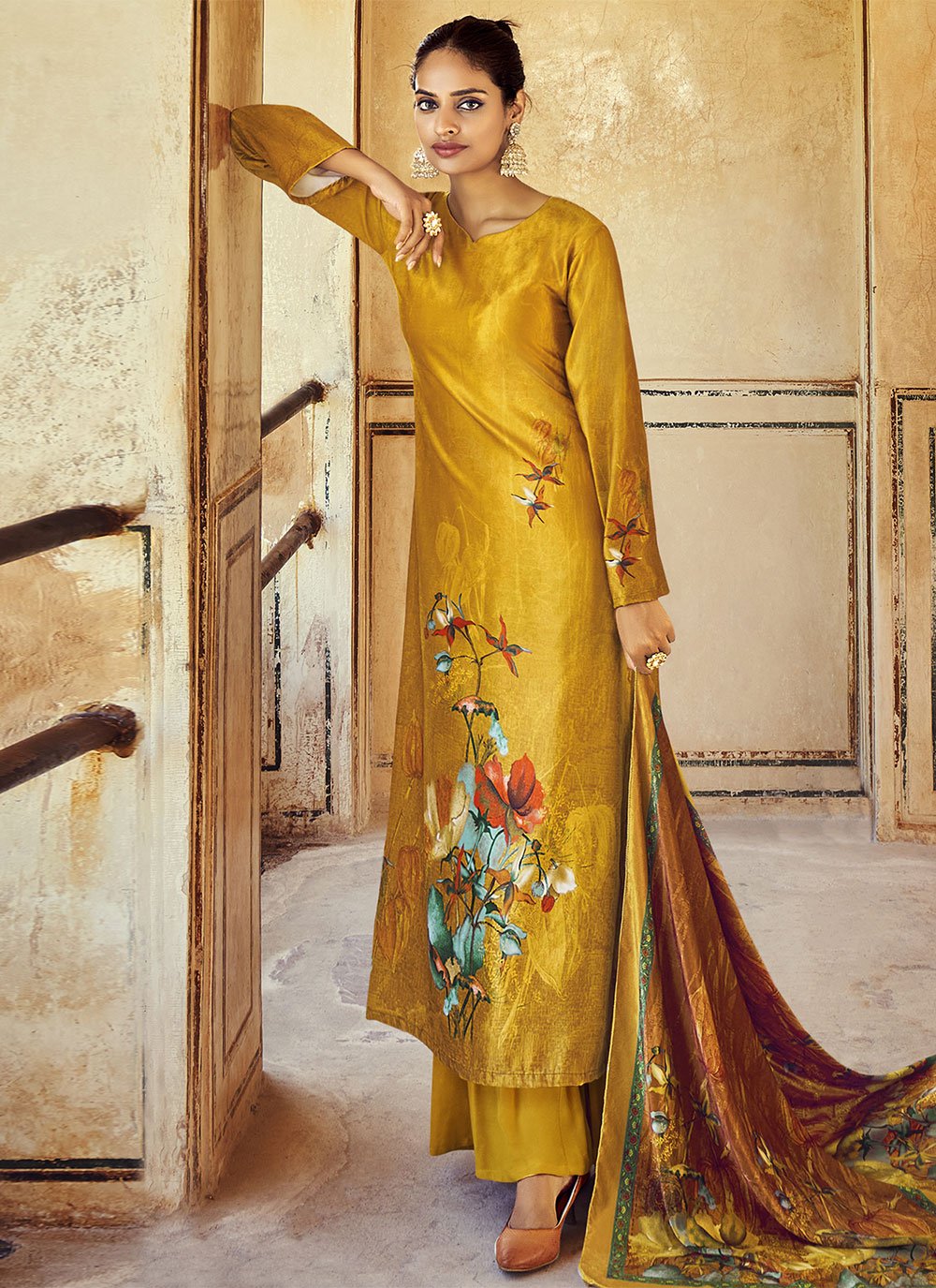 Yellow Digital Print Palazzo Salwar Suit