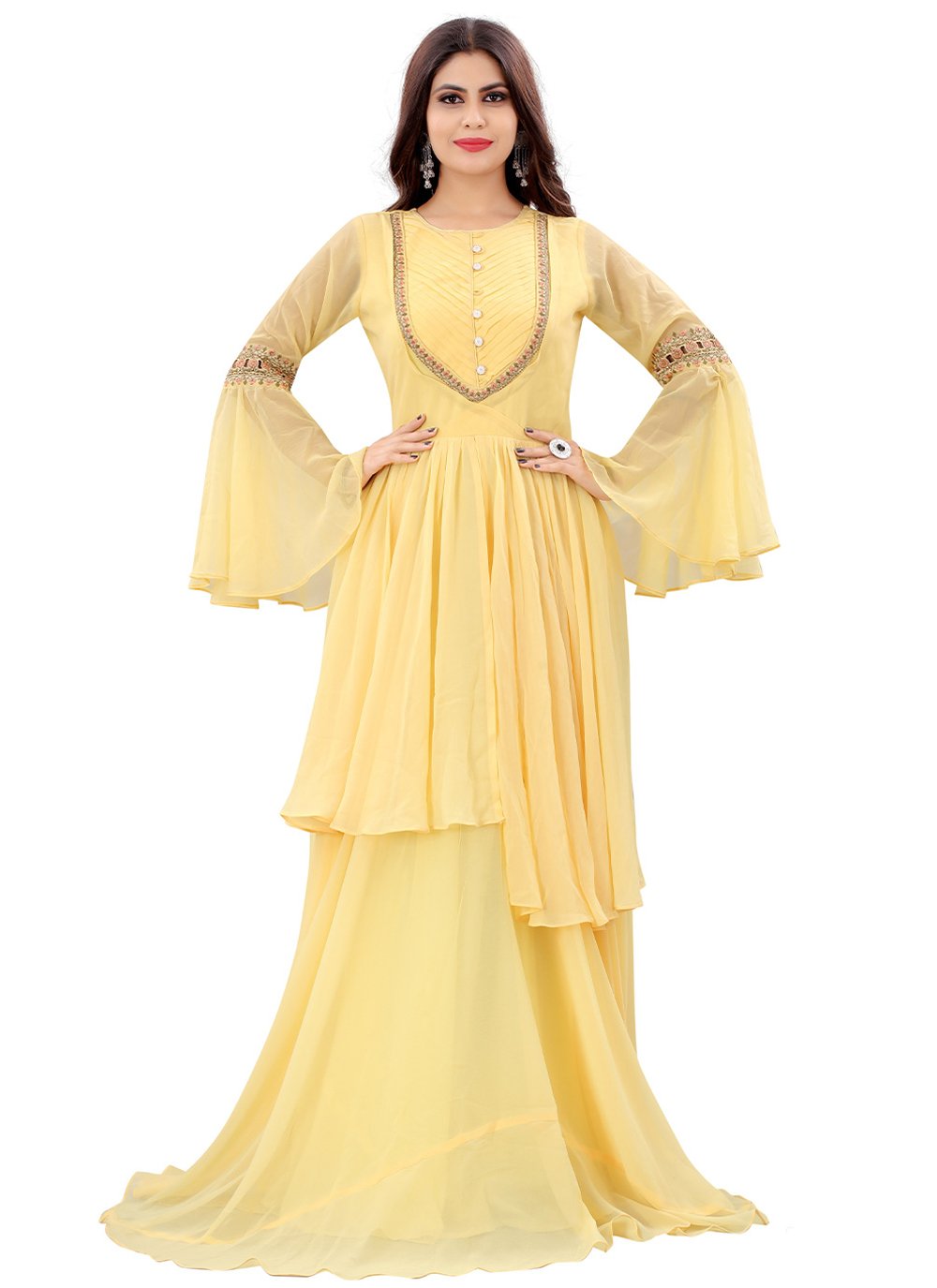 Yellow Embroidered Ceremonial Designer Gown