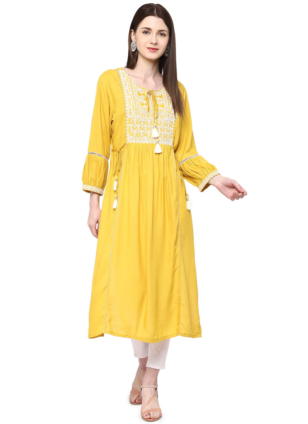 Yellow Embroidered Cotton Casual Kurti