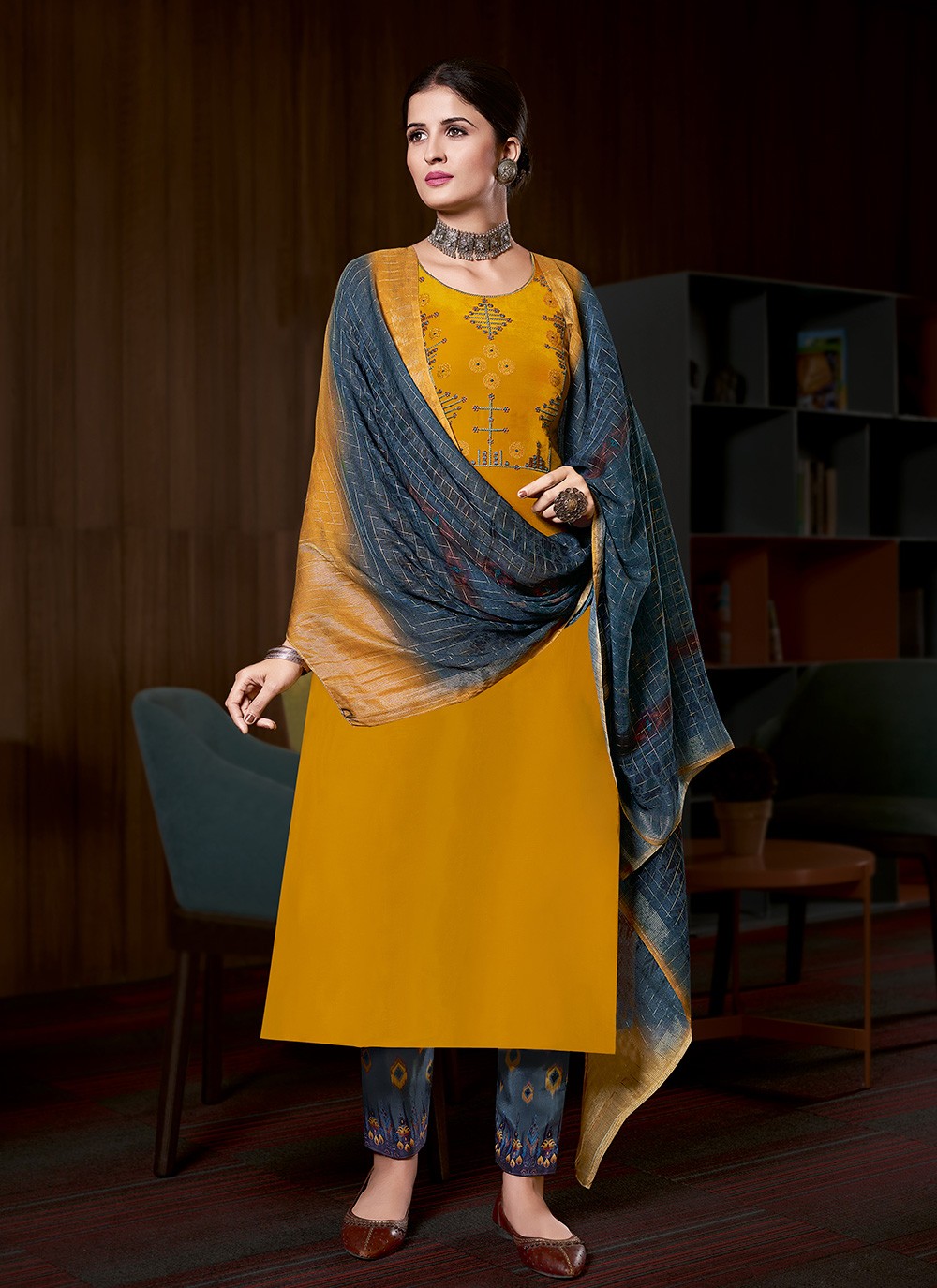 Yellow Embroidered Faux Crepe Designer Pakistani Suit