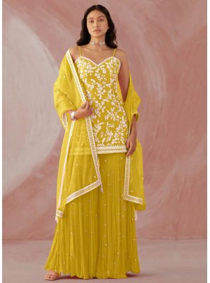 Yellow Embroidered Faux Georgette Trendy Salwar Suit