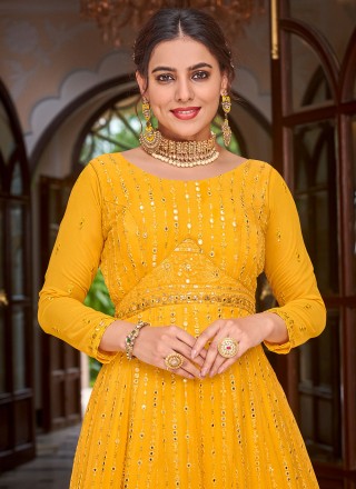Yellow Embroidered Georgette Readymade Salwar Suit