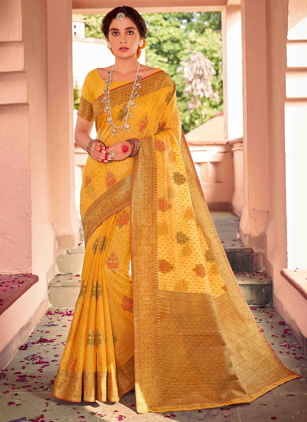 Yellow Fancy Cotton Classic Designer Saree