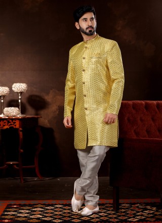 Fancy Fabric Party Sherwani In Yellow