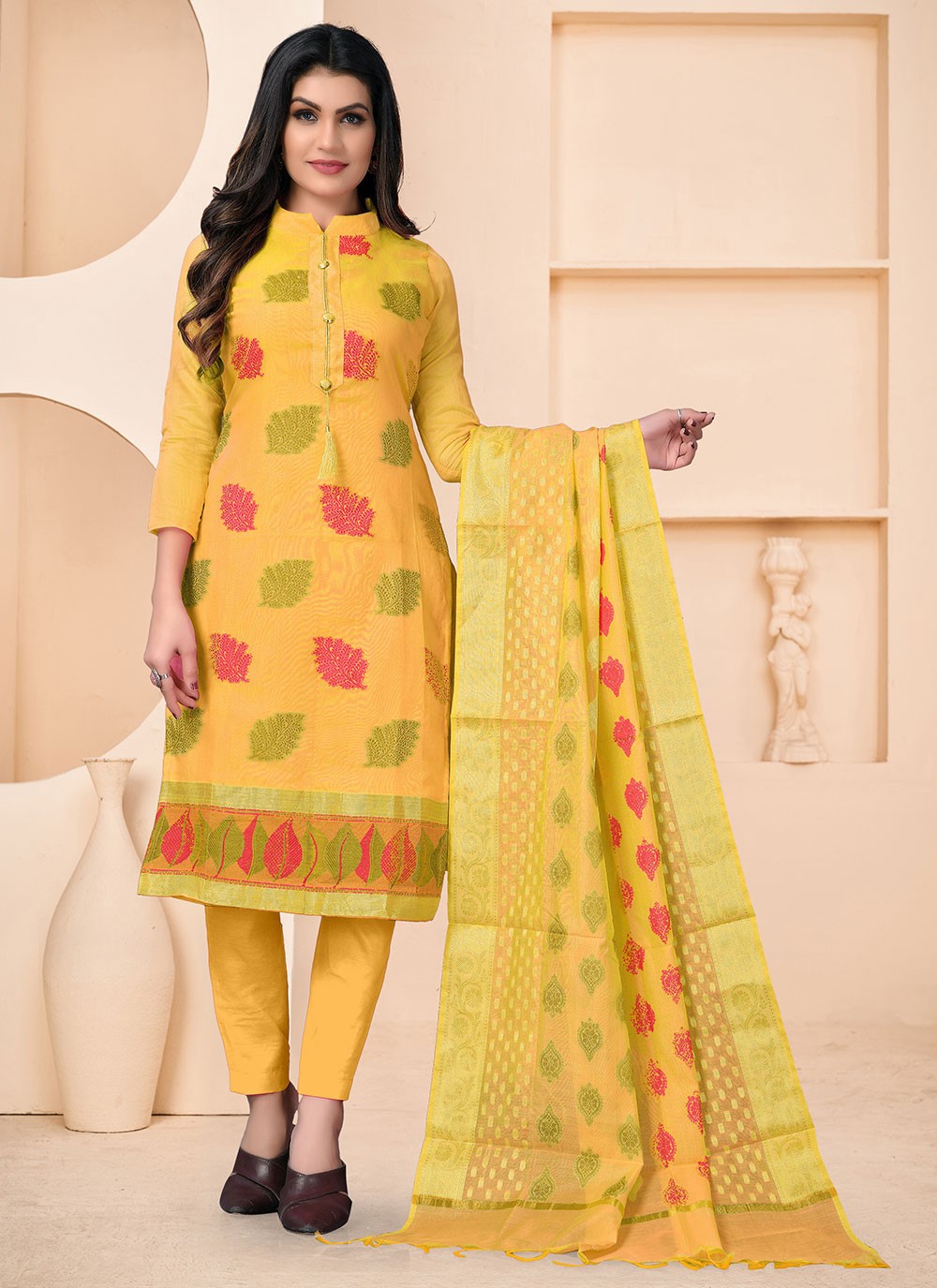 Yellow Festival Banarasi Jacquard Pant Style Suit
