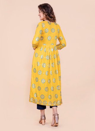 Yellow Foil Print Rayon Party Wear Kurti