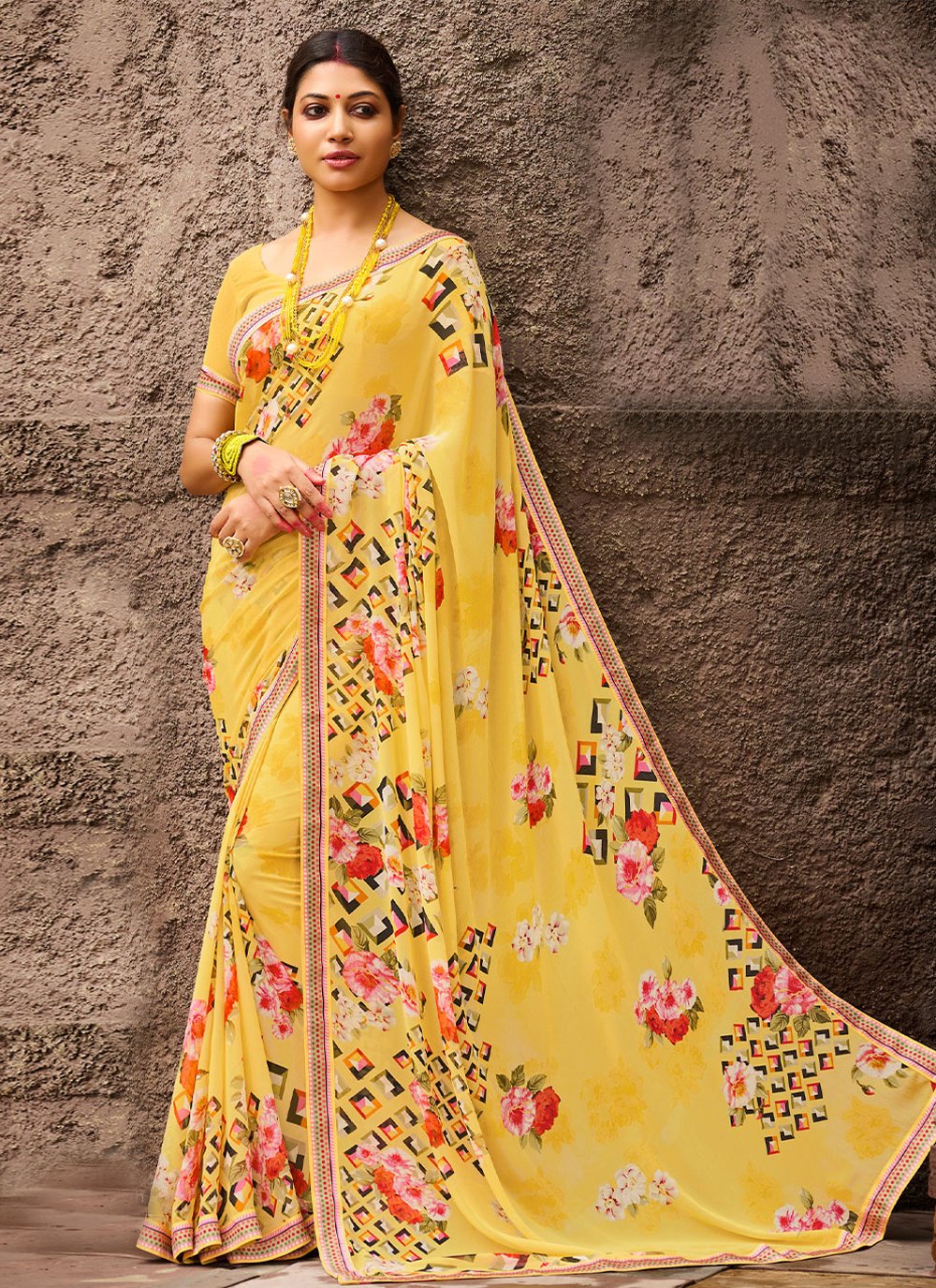 Golden Yellow Embroidered Designer Silk Saree - Urban Womania