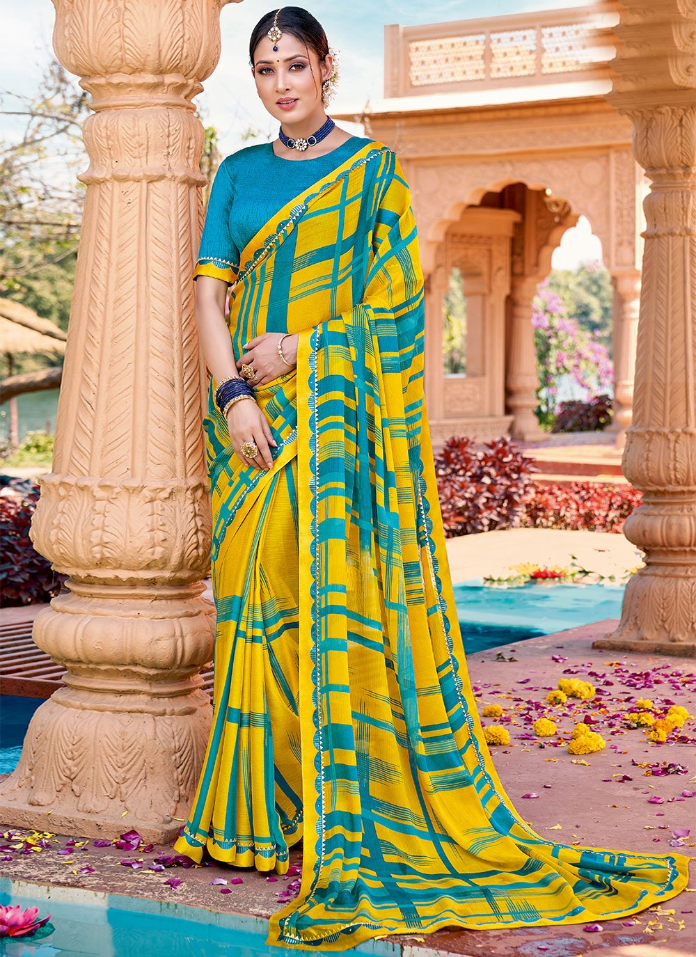 Yellow Georgette Printed Saree