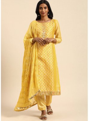 Yellow Gota Work Chanderi Designer Straight Suit