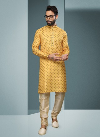 Yellow Handloom Cotton Digital Print Kurta Pyjama