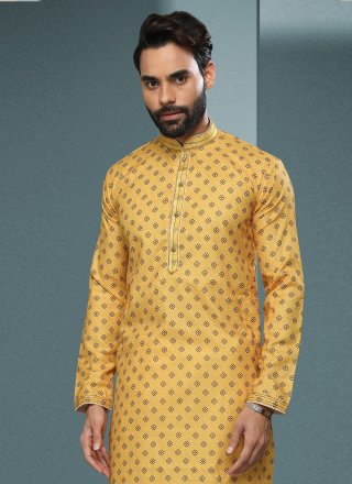 Yellow Handloom Cotton Digital Print Kurta Pyjama