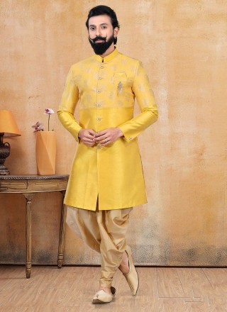 Yellow Mehndi Jacquard Silk Dhoti Kurta