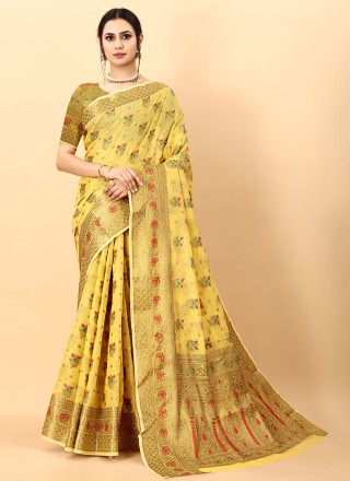 Yellow Party Cotton Silk Contemporary Saree