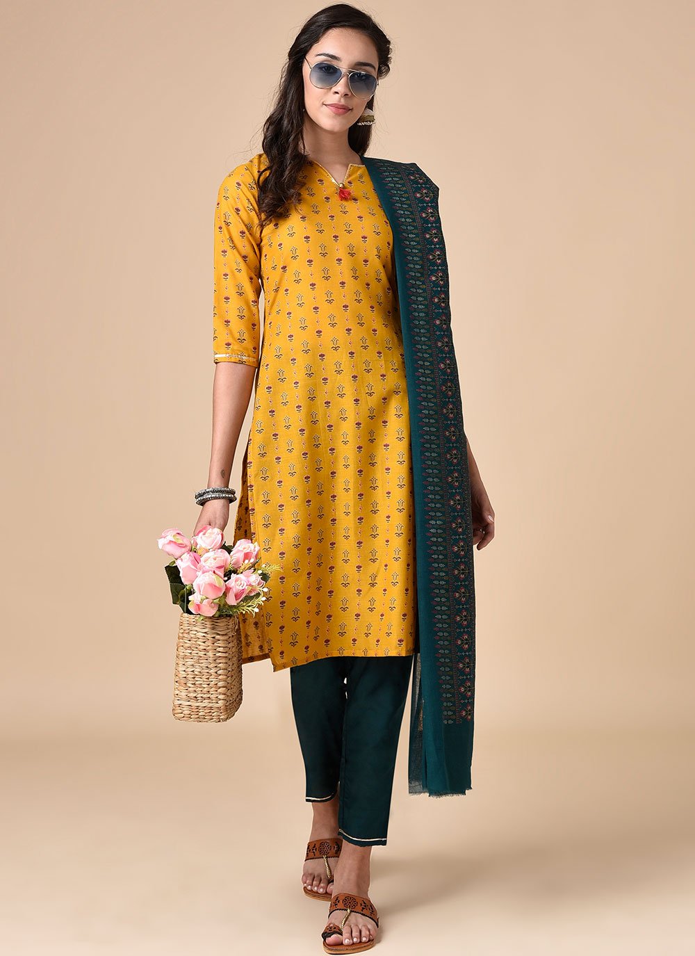 Yellow Printed Blended Cotton Pant Style Suit