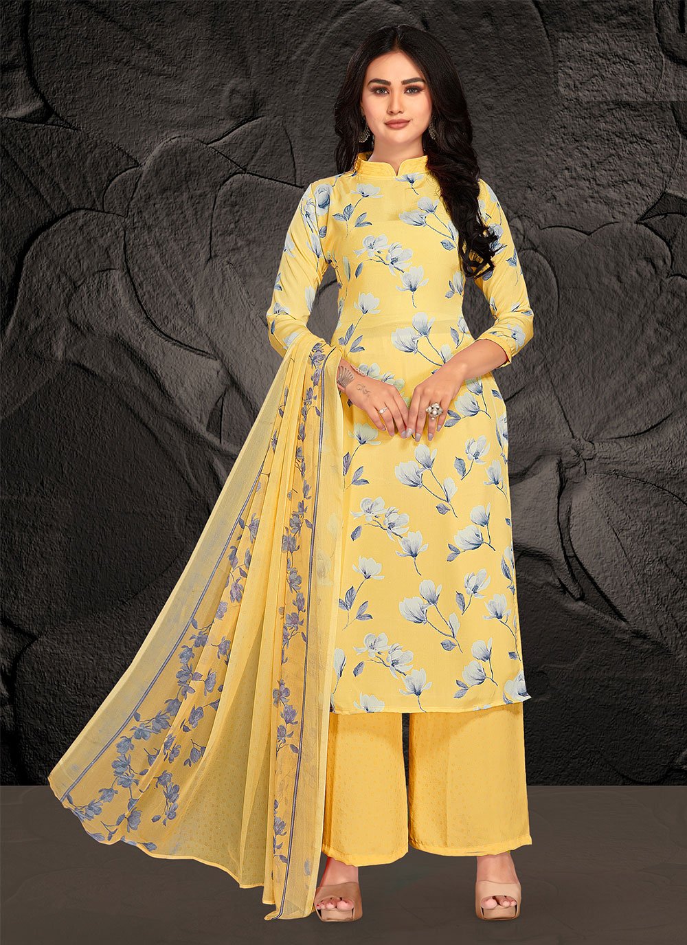 Yellow Printed Faux Crepe Trendy Salwar Suit