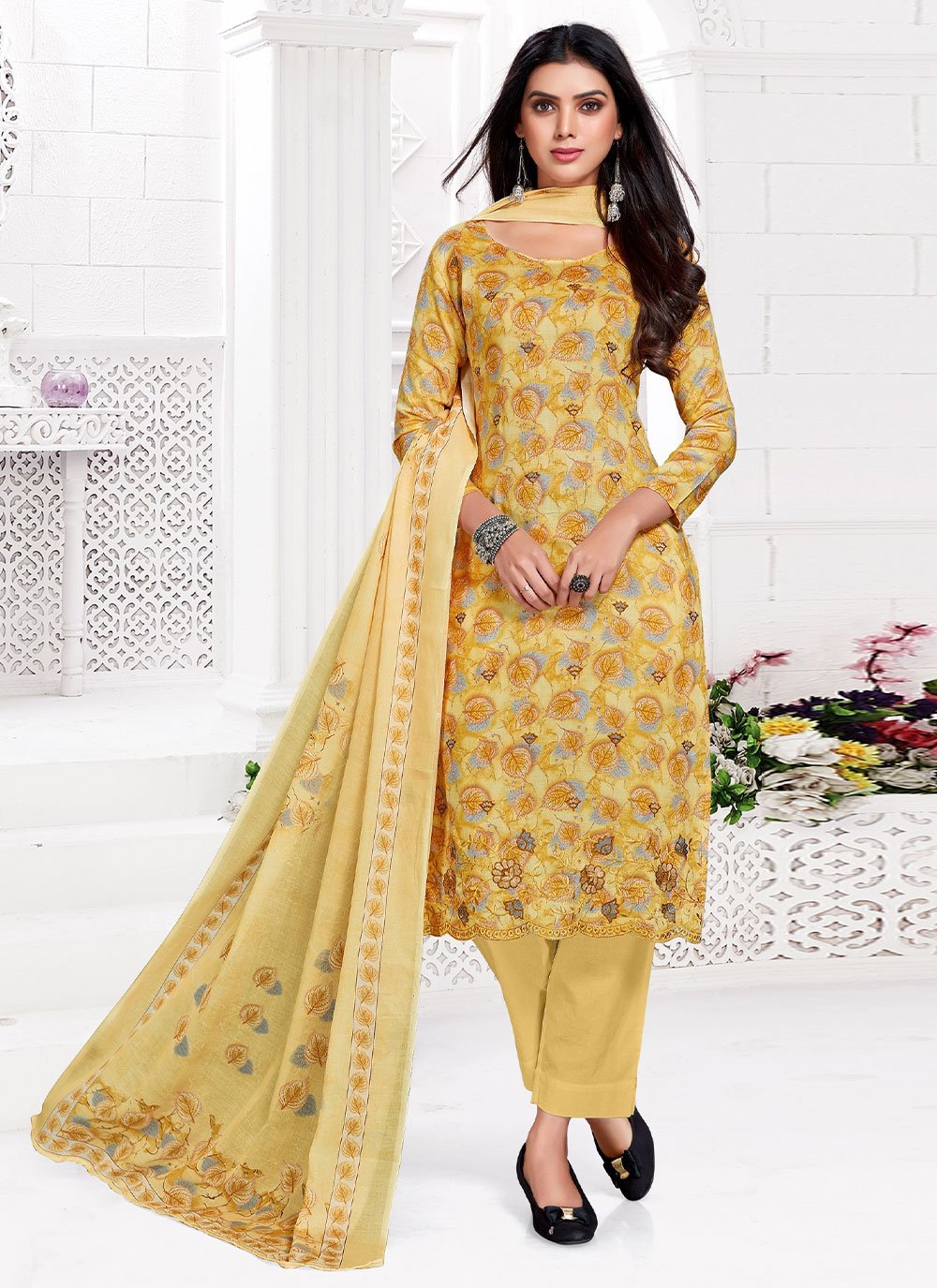 Yellow Printed Pant Style Suit