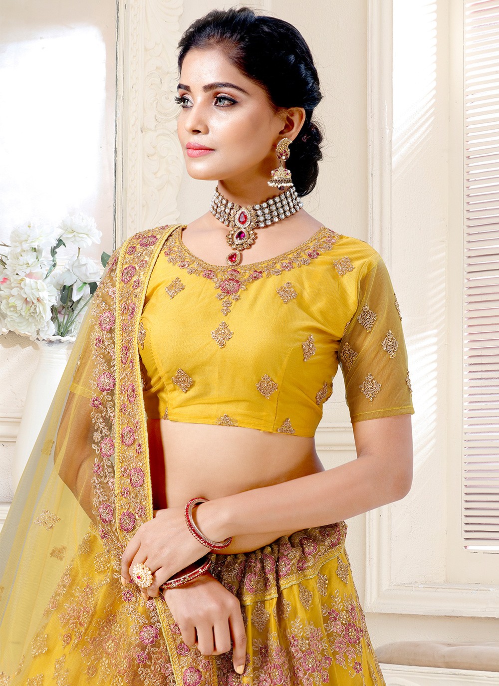 Buy Hot Pink and Yellow Sangeet Lehenga Choli Online -