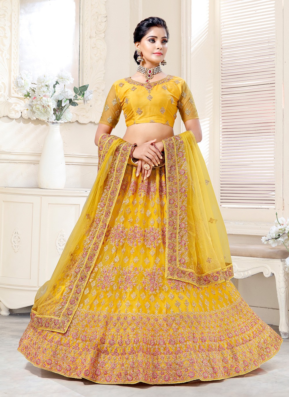 Red Yellow Lehenga Choli with Carnation Rose Pattern #59059 | Buy Online @  DesiClik.com, USA