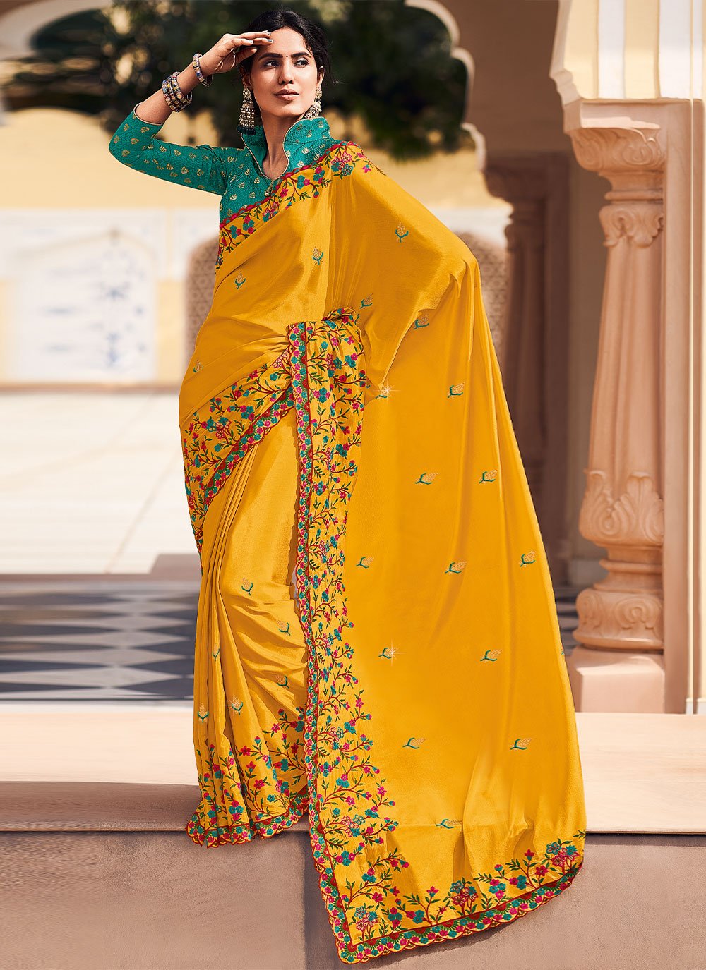 Yellow Satin Silk Ceremonial Classic Saree