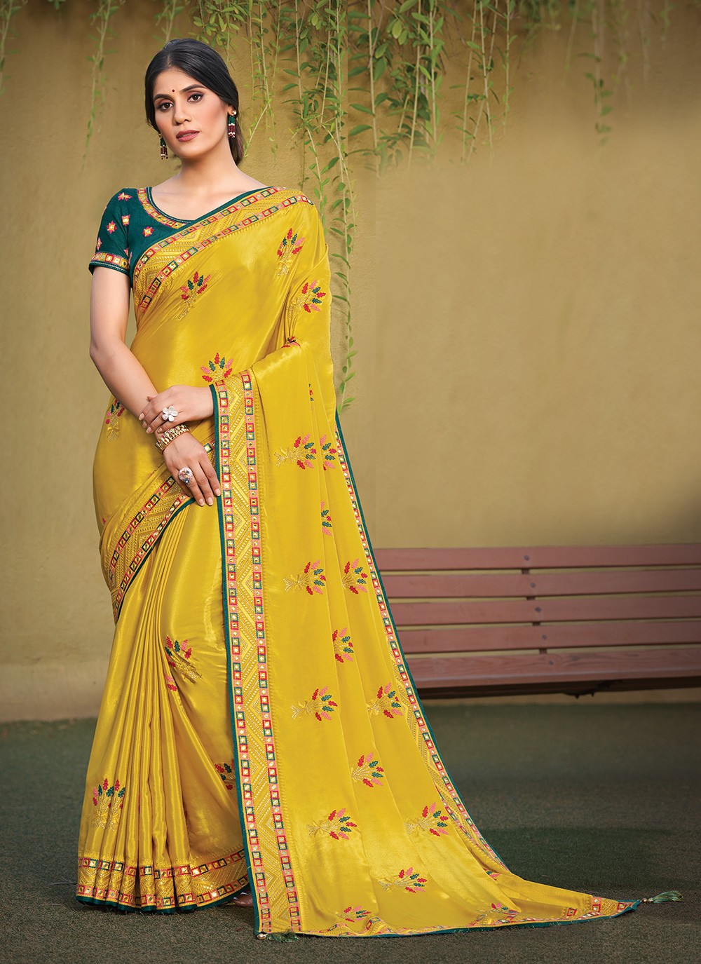 Yellow Satin Silk Embroidered Traditional Designer Saree