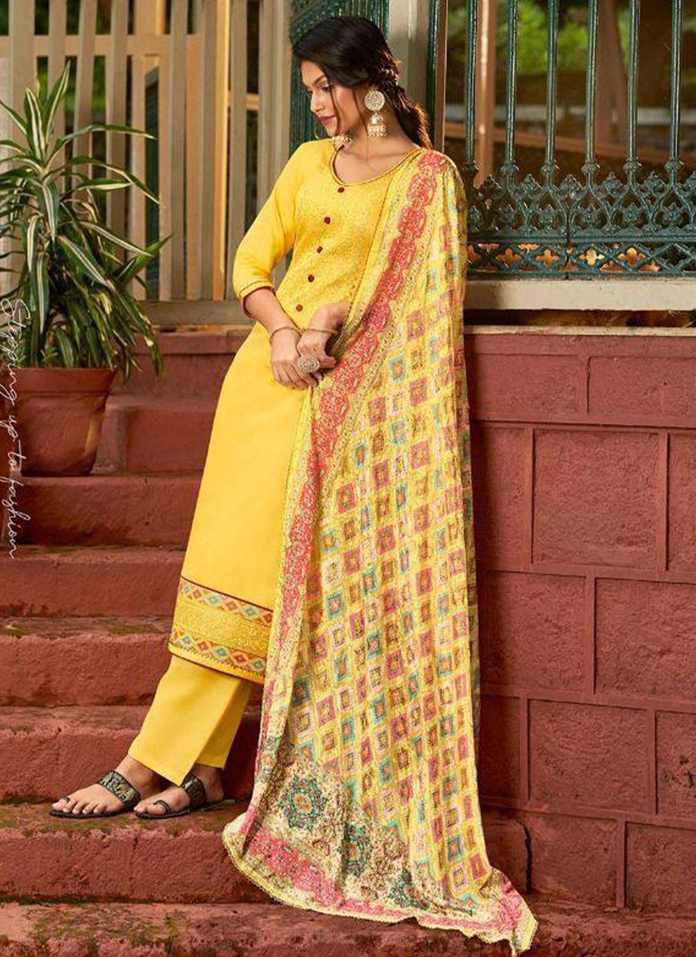 Yellow Sequins Cotton Designer Straight Salwar Kameez
