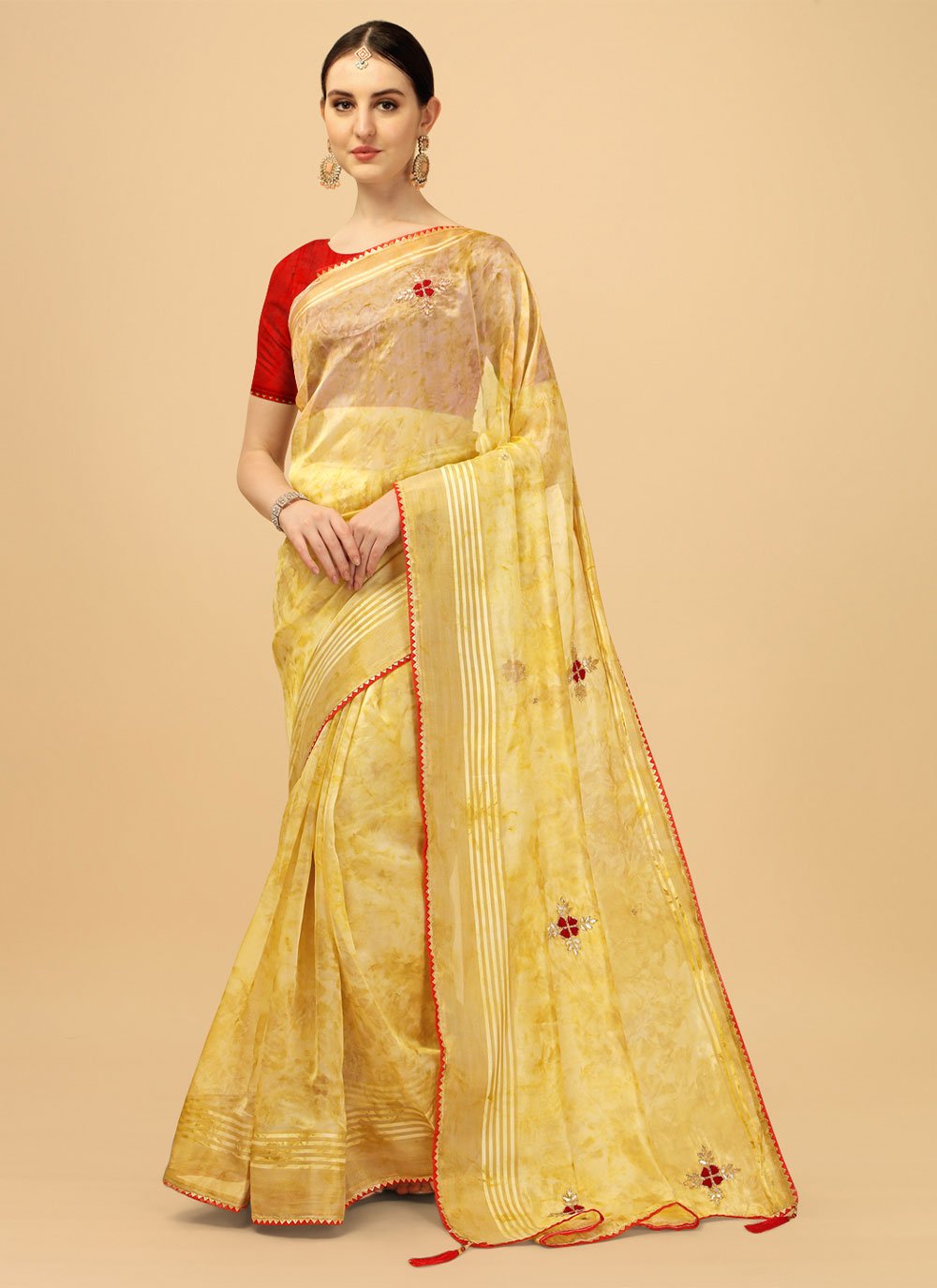 Yellow Sequins Cotton Silk Traditional Saree