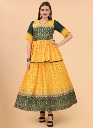 Yellow Silk Digital Print Gown