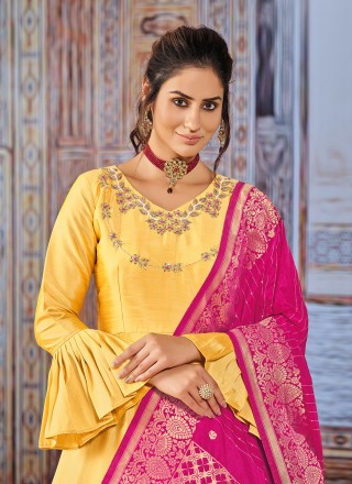 Yellow Silk Embroidered Readymade Salwar Kameez