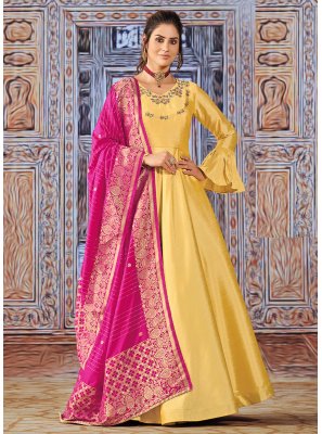 Yellow Silk Embroidered Readymade Salwar Kameez