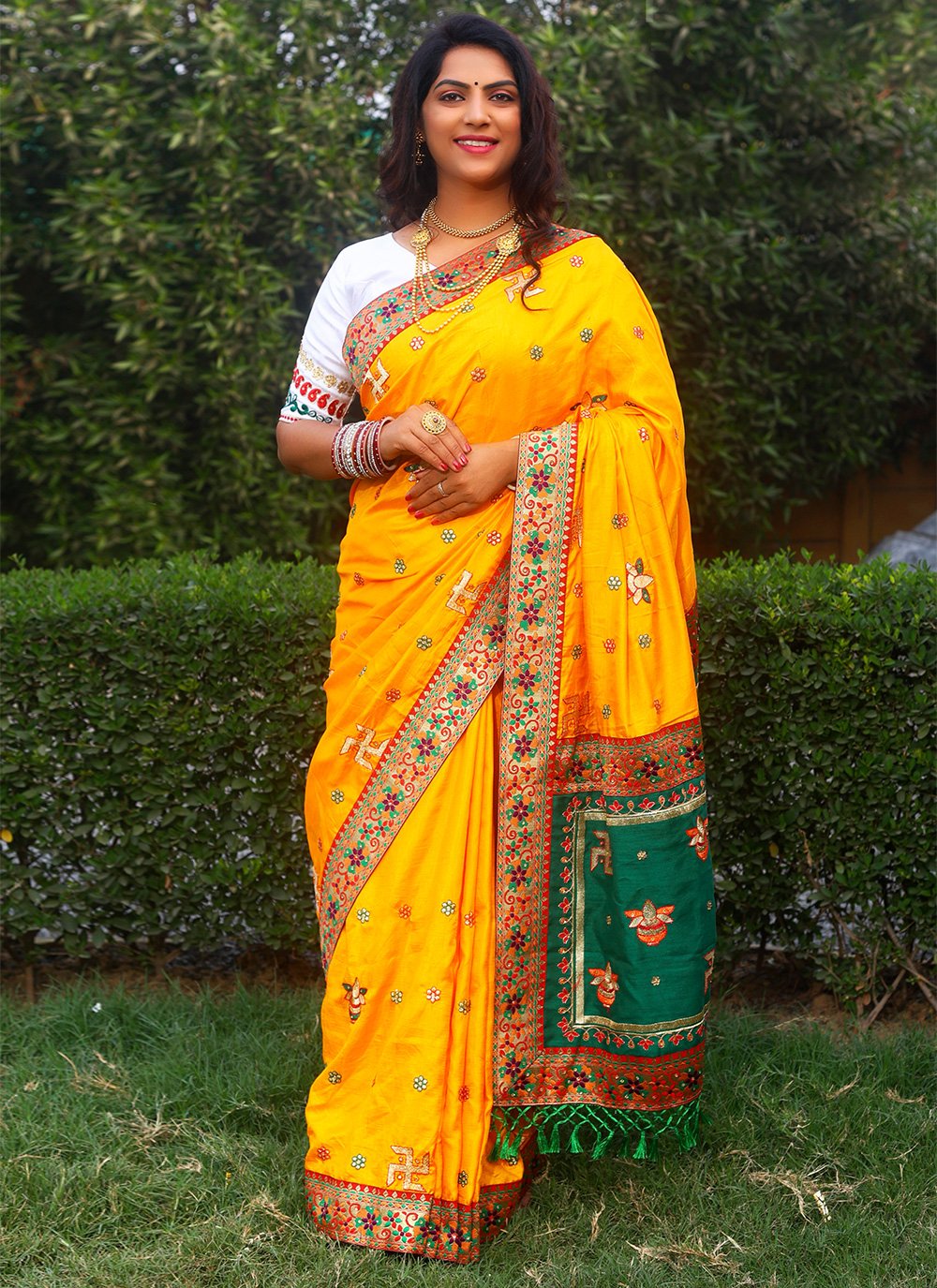Yellow Vichitra Silk Designer Traditional Saree