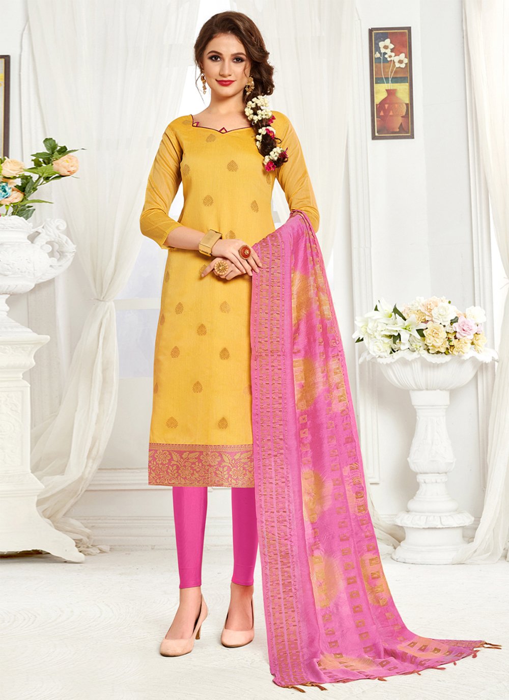 Yellow Weaving Casual Pakistani Straight Suit