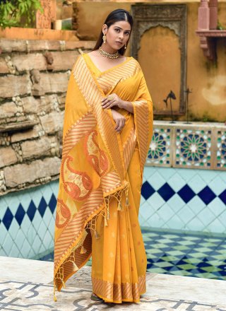 Yellow Weaving Cotton Silk Traditional Saree
