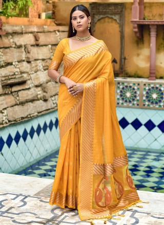 Yellow Weaving Cotton Silk Traditional Saree