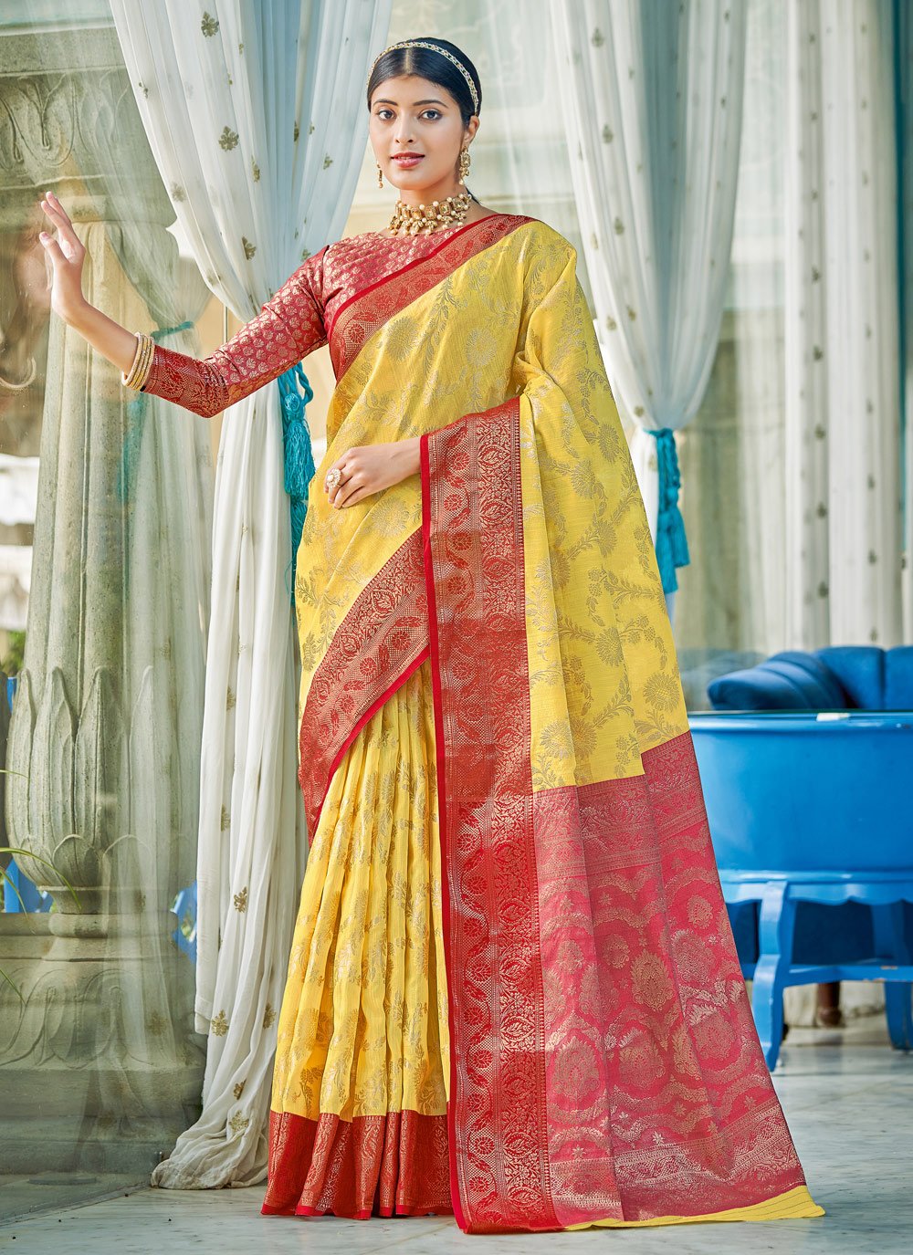 Yellow Weaving Engagement Traditional Designer Saree