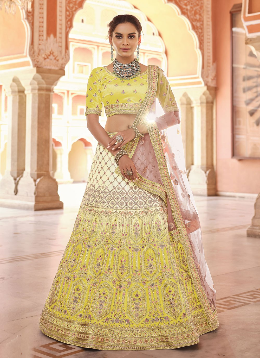 Art Silk Fabric Yellow Color Wedding Wear Bridal Lehenga With Embroidered  Work