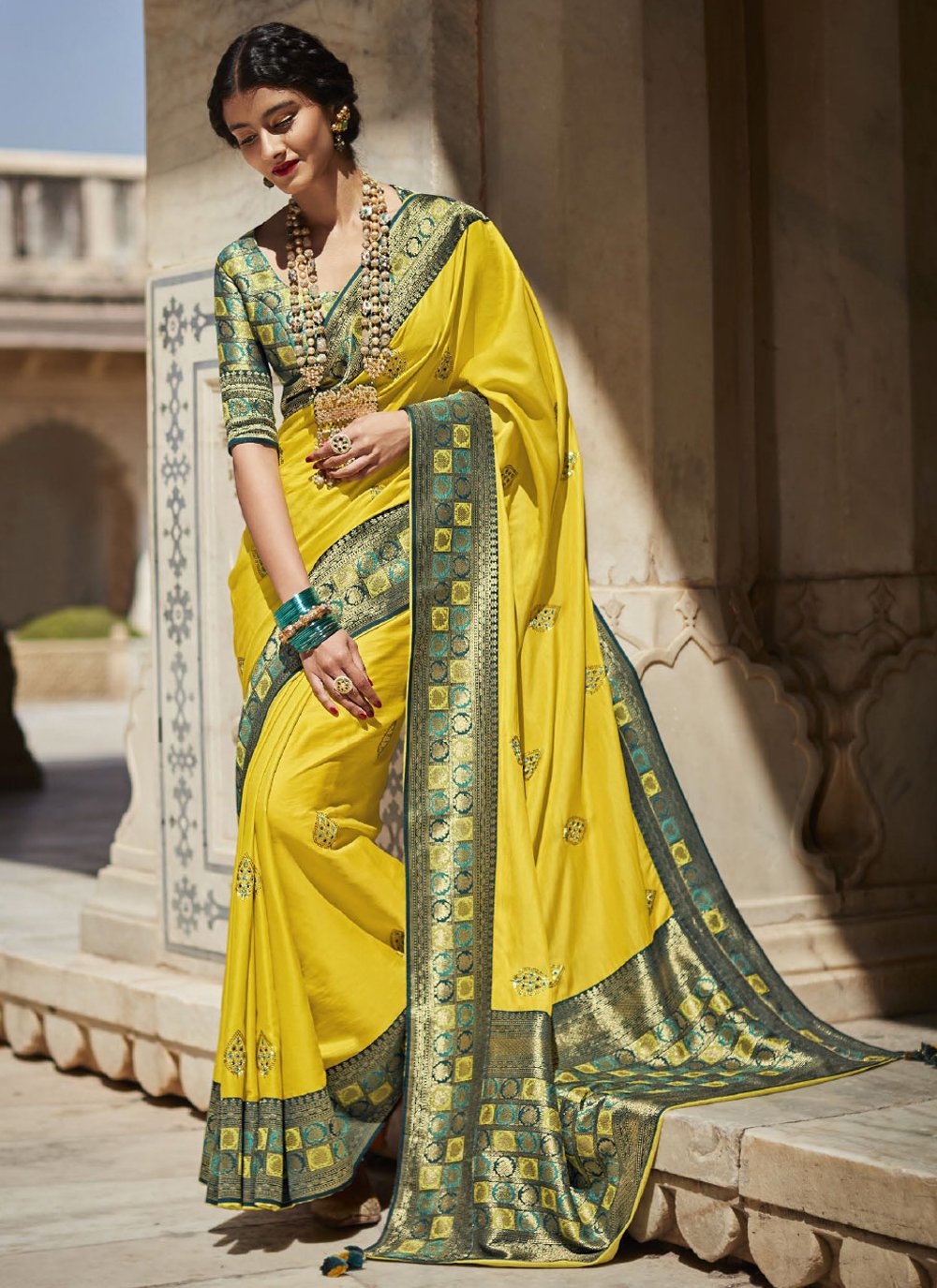 Buy Yellow Zari Embroidery Silk Wedding Saree With Blouse From Ethnic Plus