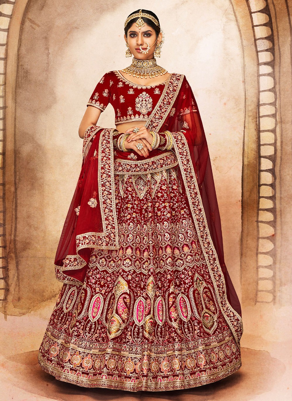 Velvet bridal lehenga hot sale with price