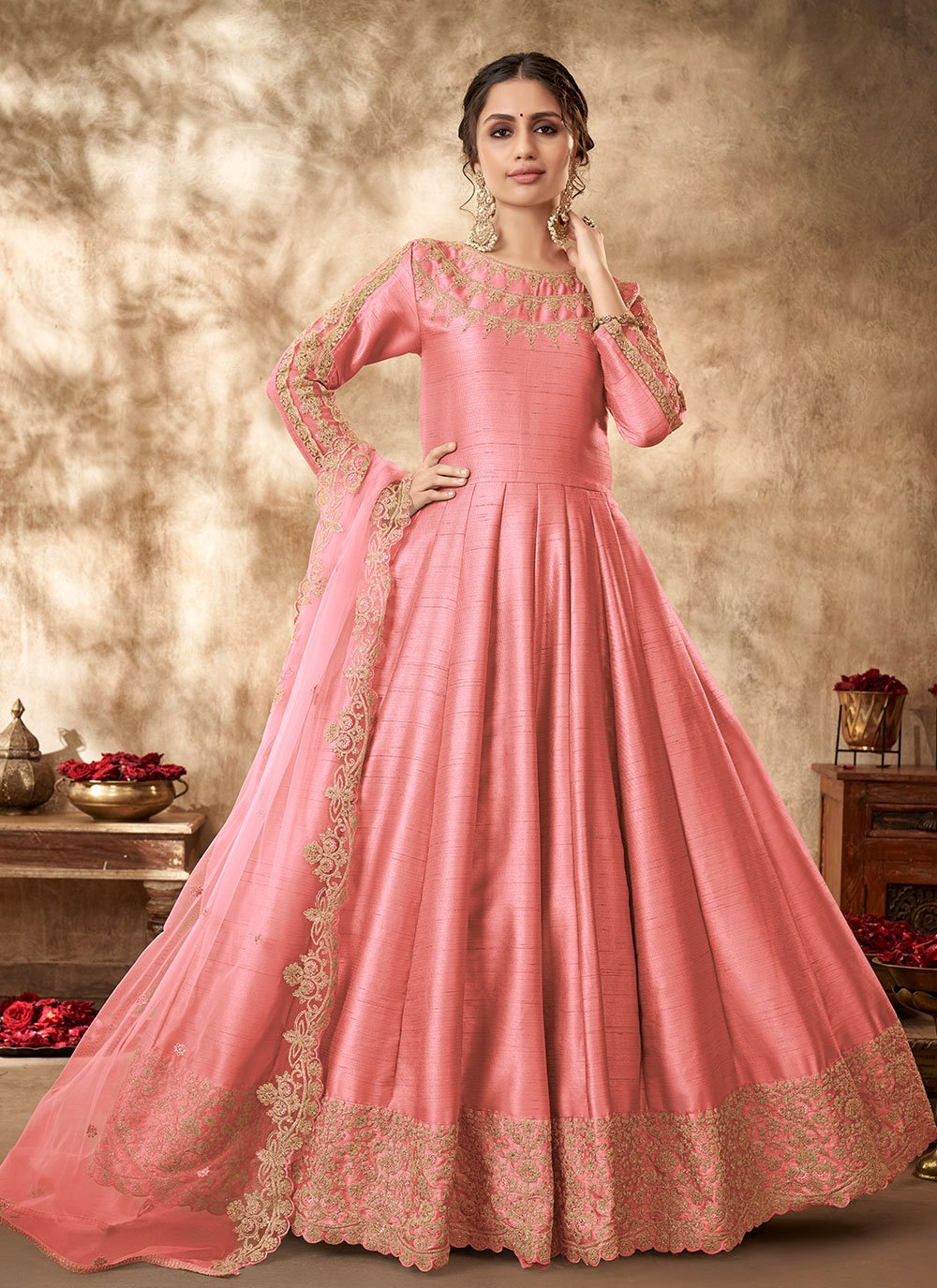 Attractive Pale Mauve Art Silk Zari Embroidered Festive Anarkali Gown