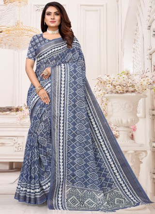 Zari Blue Printed Saree