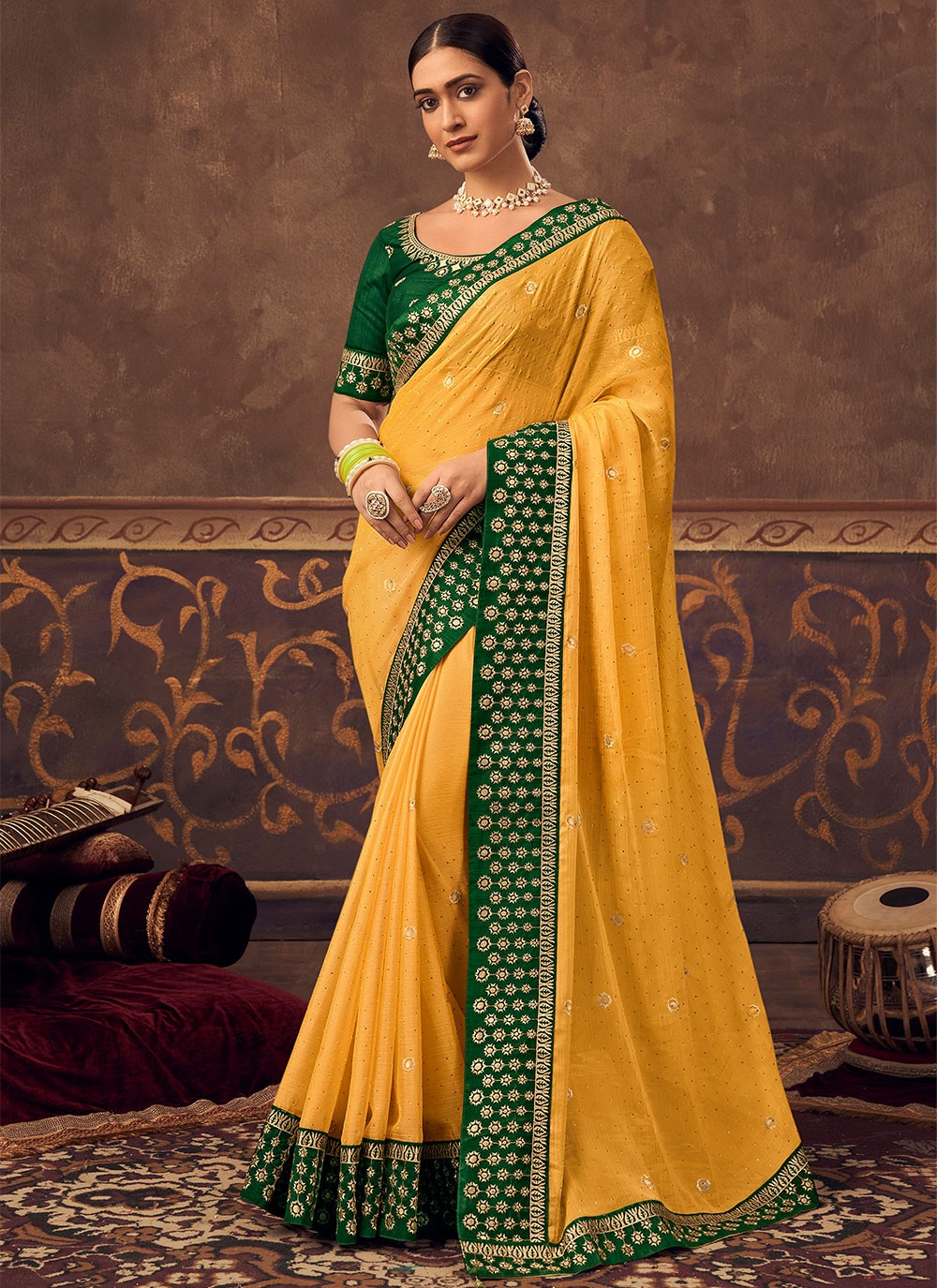 Zari Chinon Classic Saree in Yellow