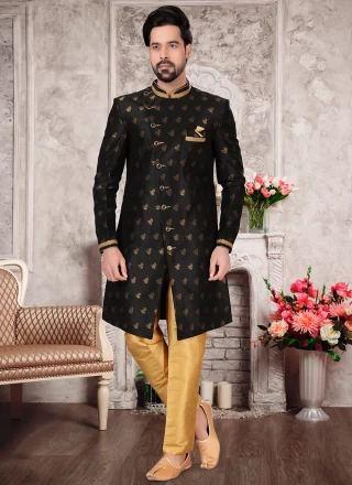 Zari Fancy Fabric Indo Western Sherwani in Black