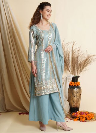 Zari Georgette Trendy Salwar Suit in Aqua Blue