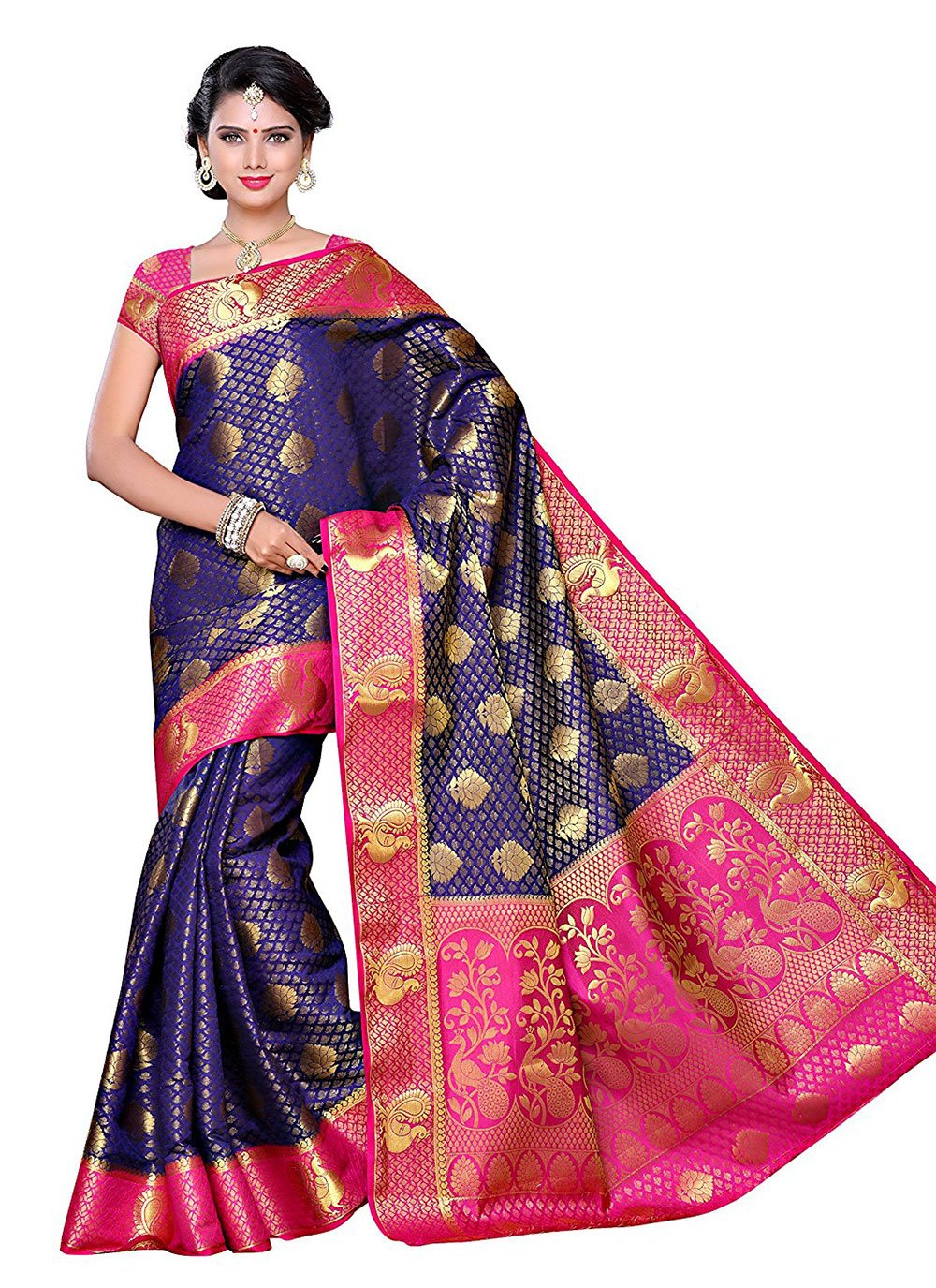 Zari Navy Blue Kanjivaram Silk Contemporary Style Saree